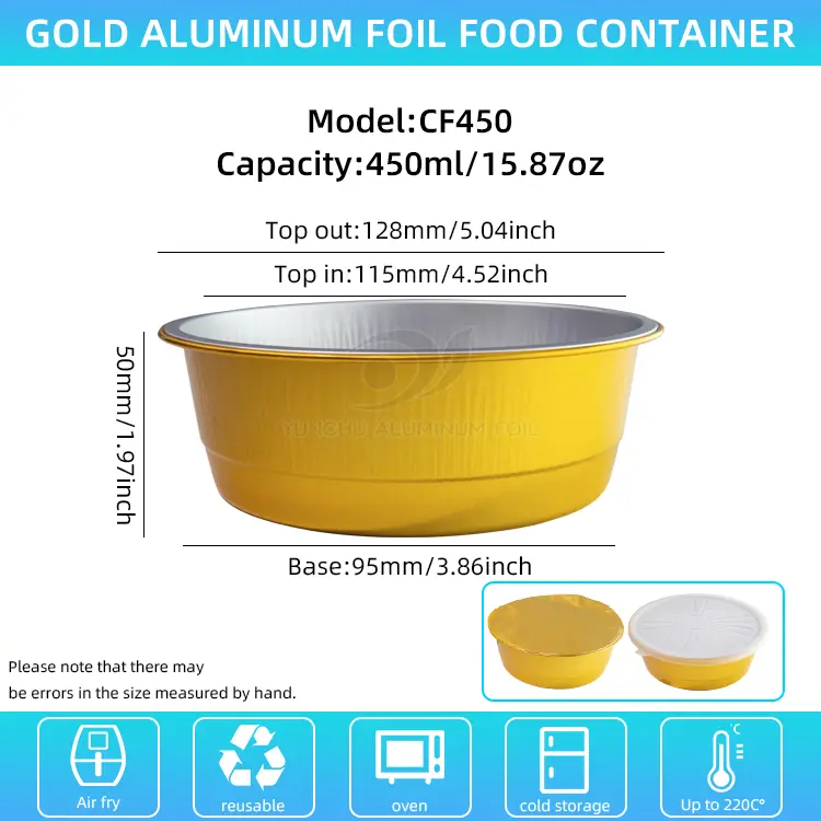 Vienkartiniai sandariai maitinami auksiniai apvalūs aliuminio folijos talpyklos