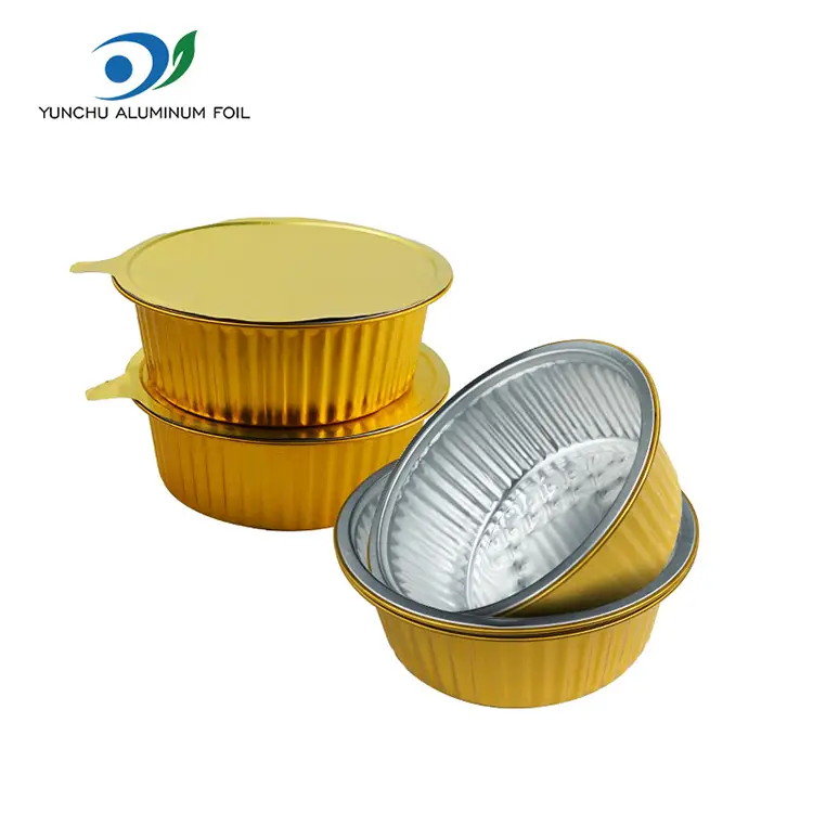 Takeaway Mažų karštų puodų auksinis apvalus aliuminio folijos konteinerius Takeaway Mažų karštų puodų auksinis apvalus aliuminio folijos konteinerius